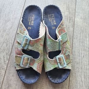 La Plume Jen Leather Suede pastel flowers slides Sandals floral casual 8.5